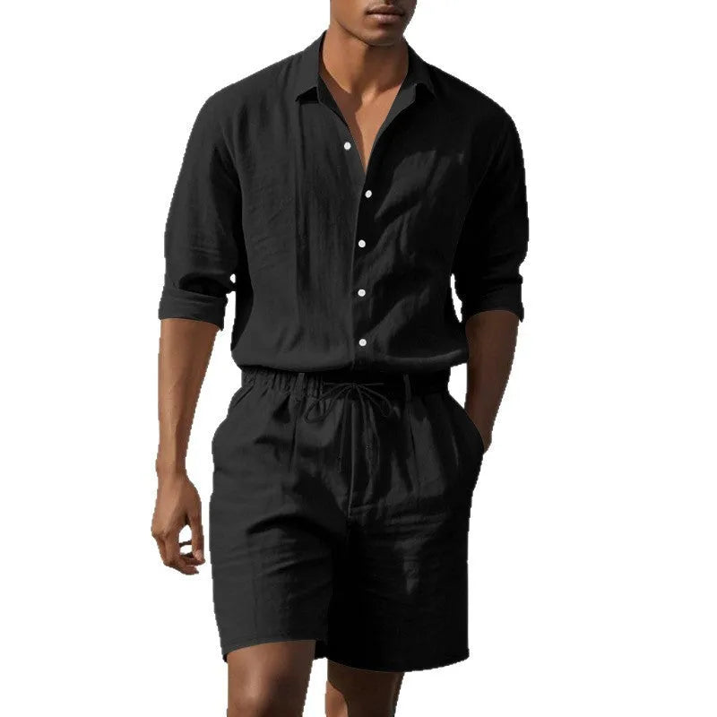 Women's linen long sleeve shirt and shorts beach suit in khaki, front view on model