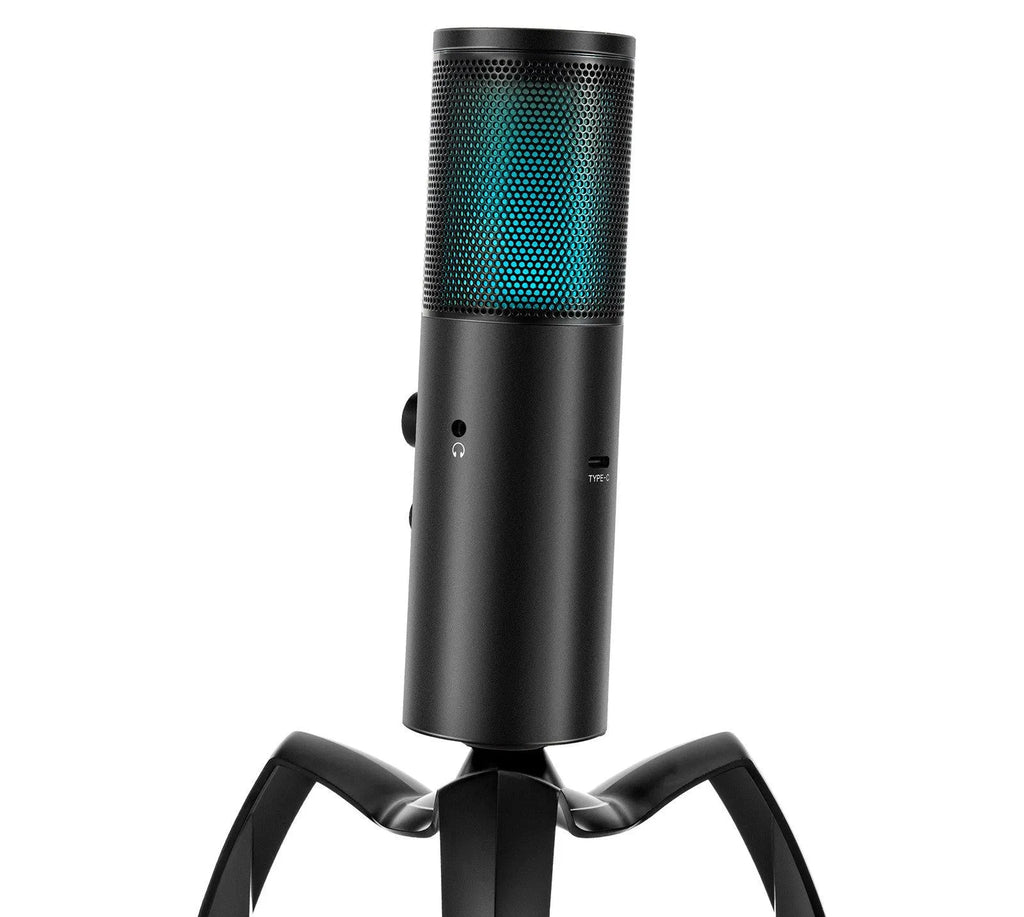 Black USB condenser microphone with RGB lighting on adjustable metal tripod