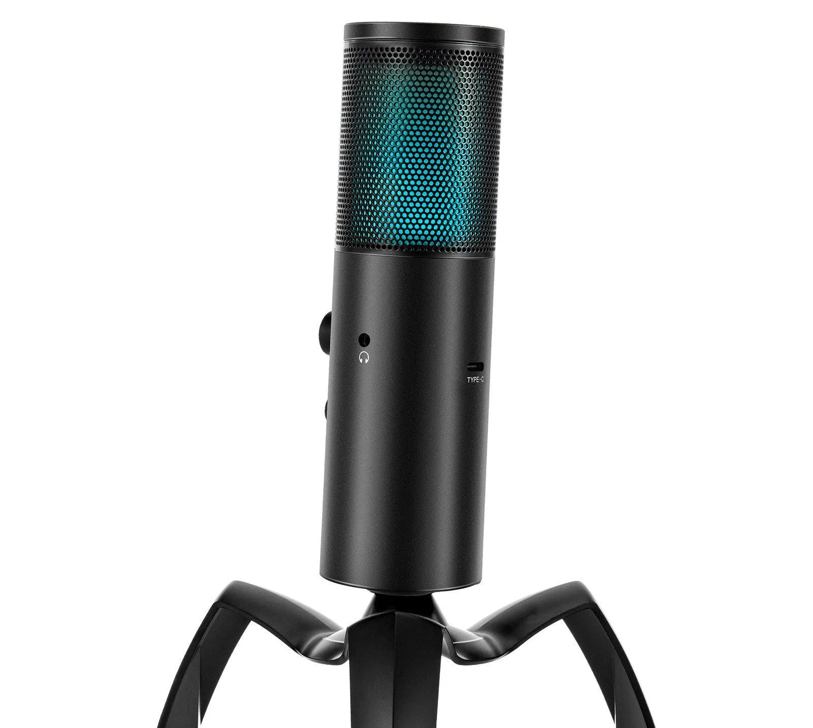 Black USB condenser microphone with RGB lighting on adjustable metal tripod