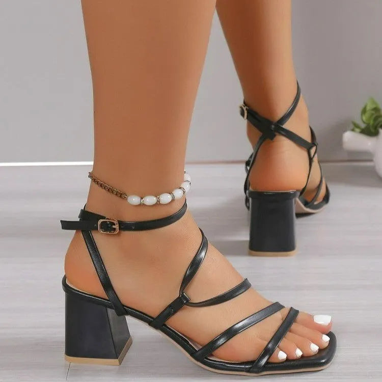 Plus size open toe slippers square head PU upper ankle buckle sandals in beige, black, and rose red