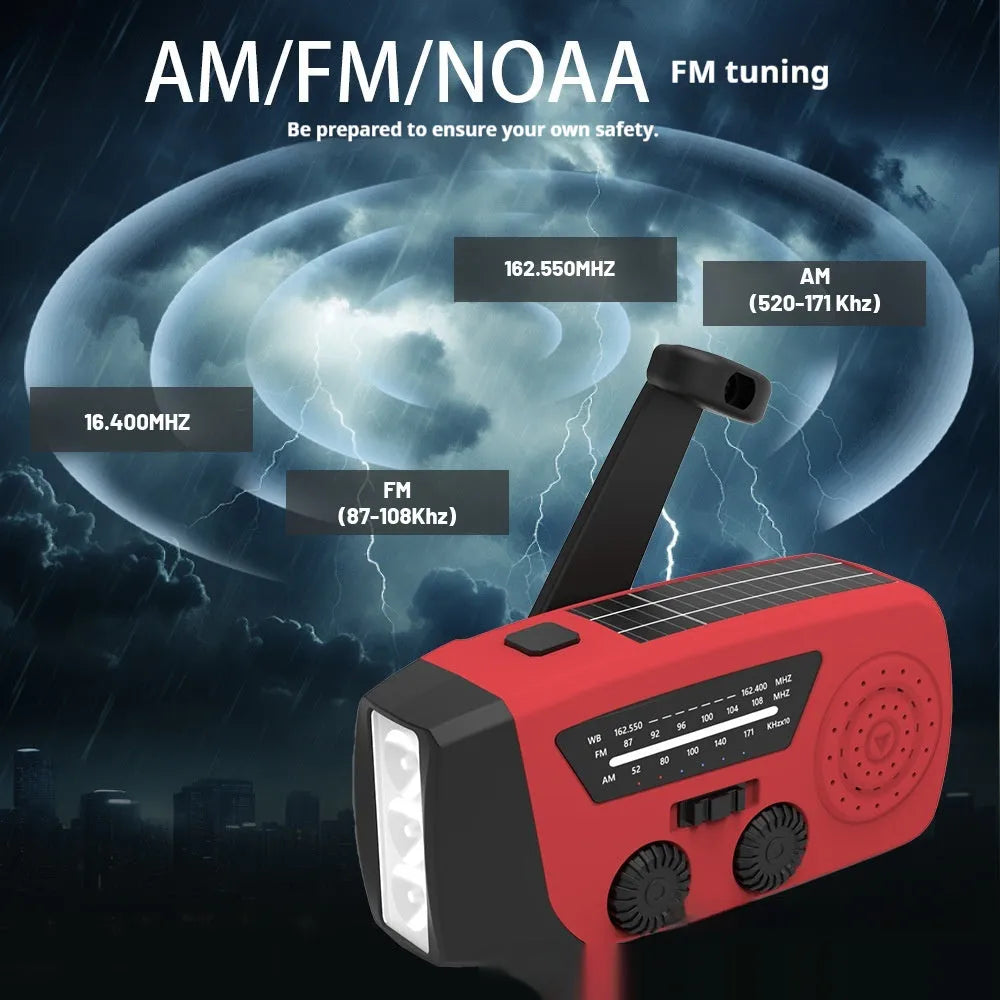 Red rechargeable hand radio torch with built-in speaker and USB interface, compact ABS body, emergency disaster prevention device
