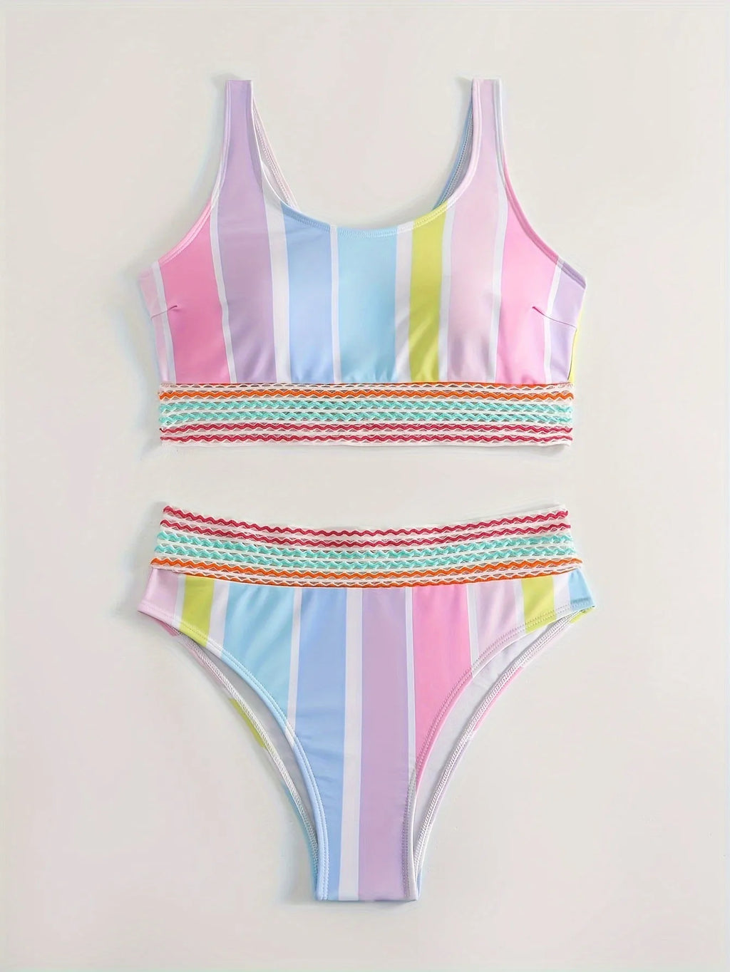 Women's striped two-piece bikini swimwear set with European and American fit sizing