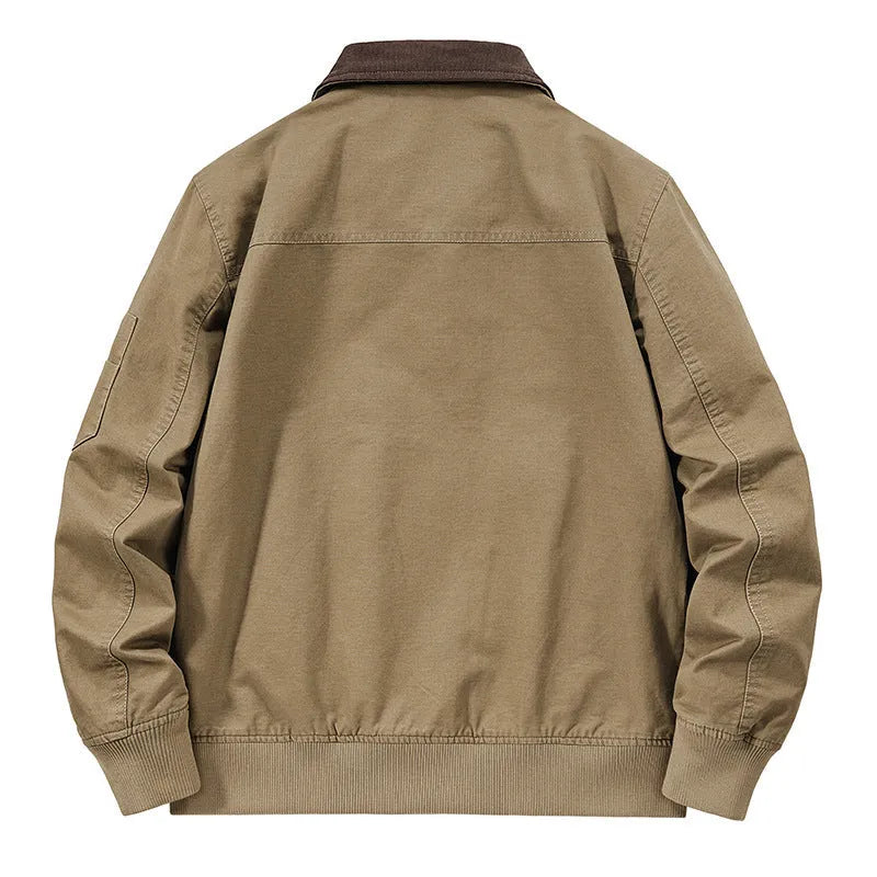 Men's plus size washed cotton flight jacket shown in camel colour.