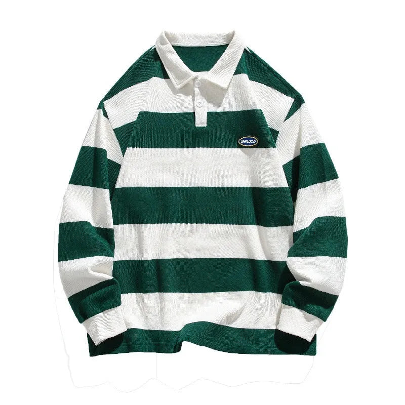 Hong Kong style lapel polo shirt with striped matching sweater design in pearl cotton