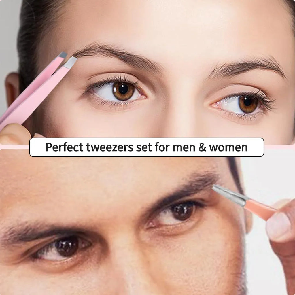 6-piece professional eyebrow tweezer set with stainless steel tools and leather case