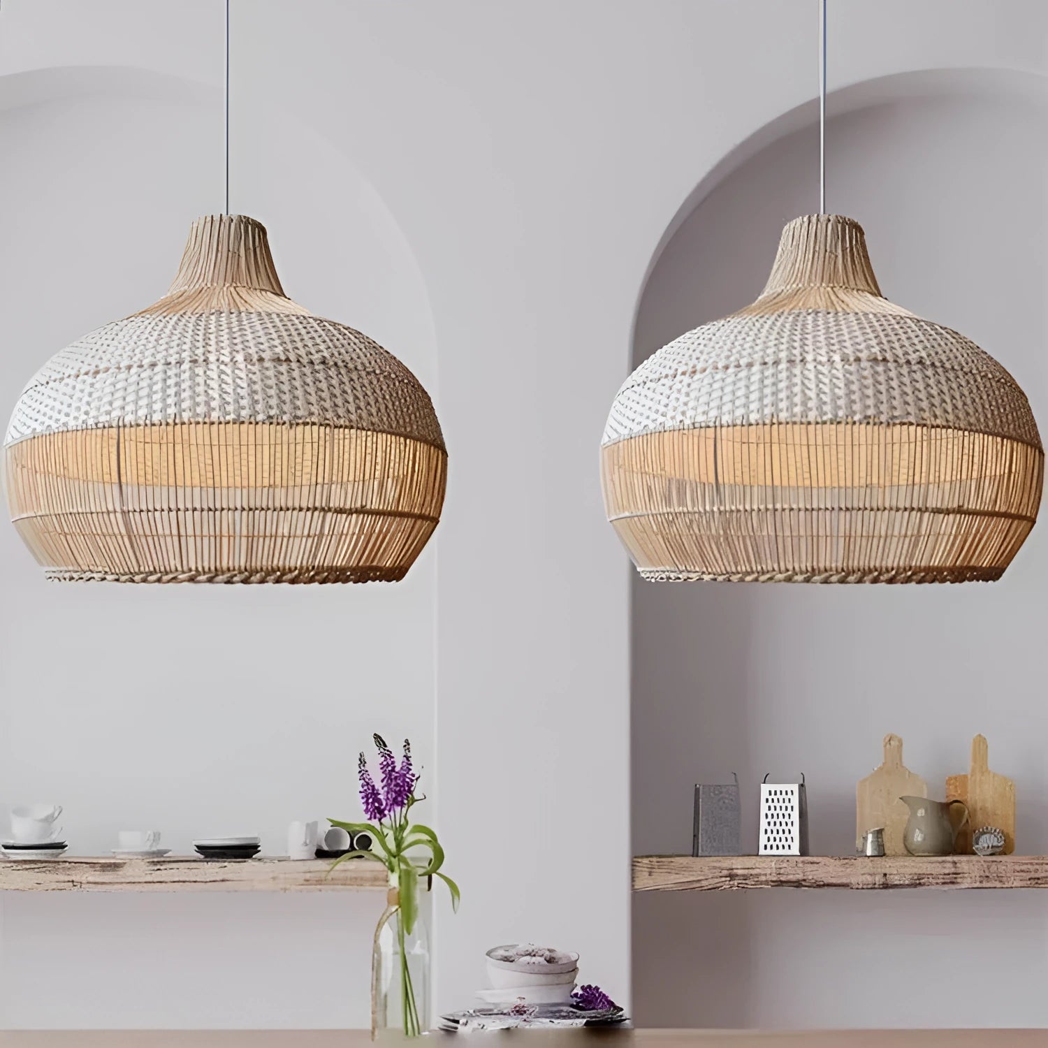 Rattan woven chandelier with 60cm diameter in a pastoral Southeast Asian style.