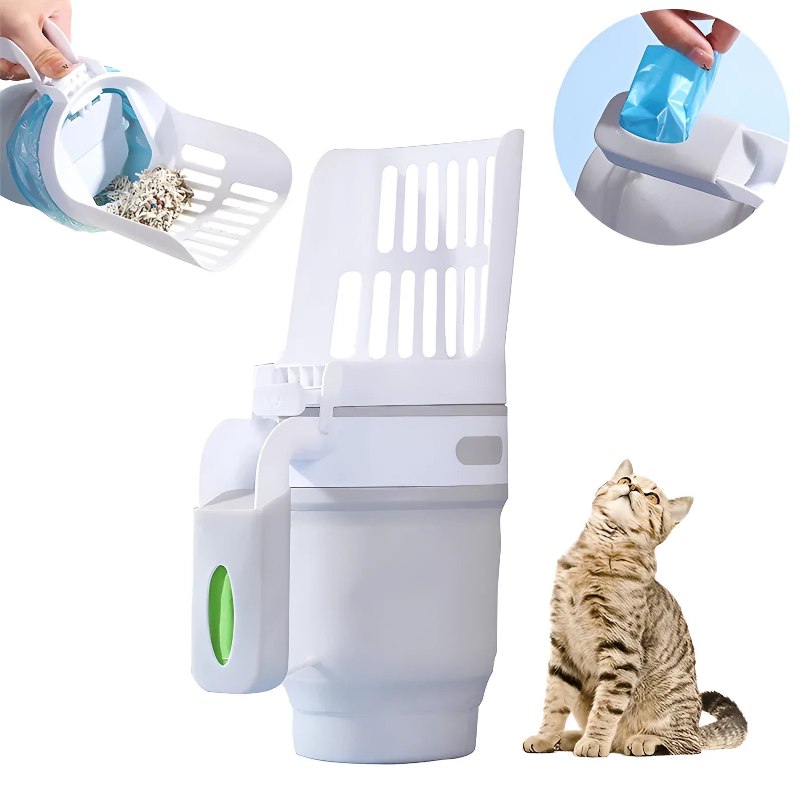 Grey cat litter scoop with attached waste bin and foldable bottom