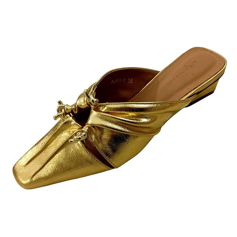 Genuine leather half toe cap slippers, low heel, TPR sole, square head, Beige colour