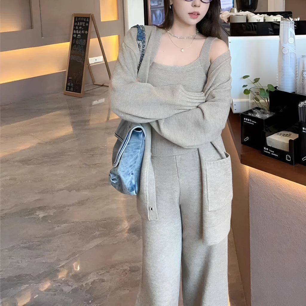 Women's light brown knit cardigan, vest, and suspender pants three-piece casual set
