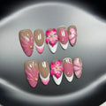 Plastic French style artificial nails with 3D lily and ice flower designs in almond shape, shown in multiple sizes.