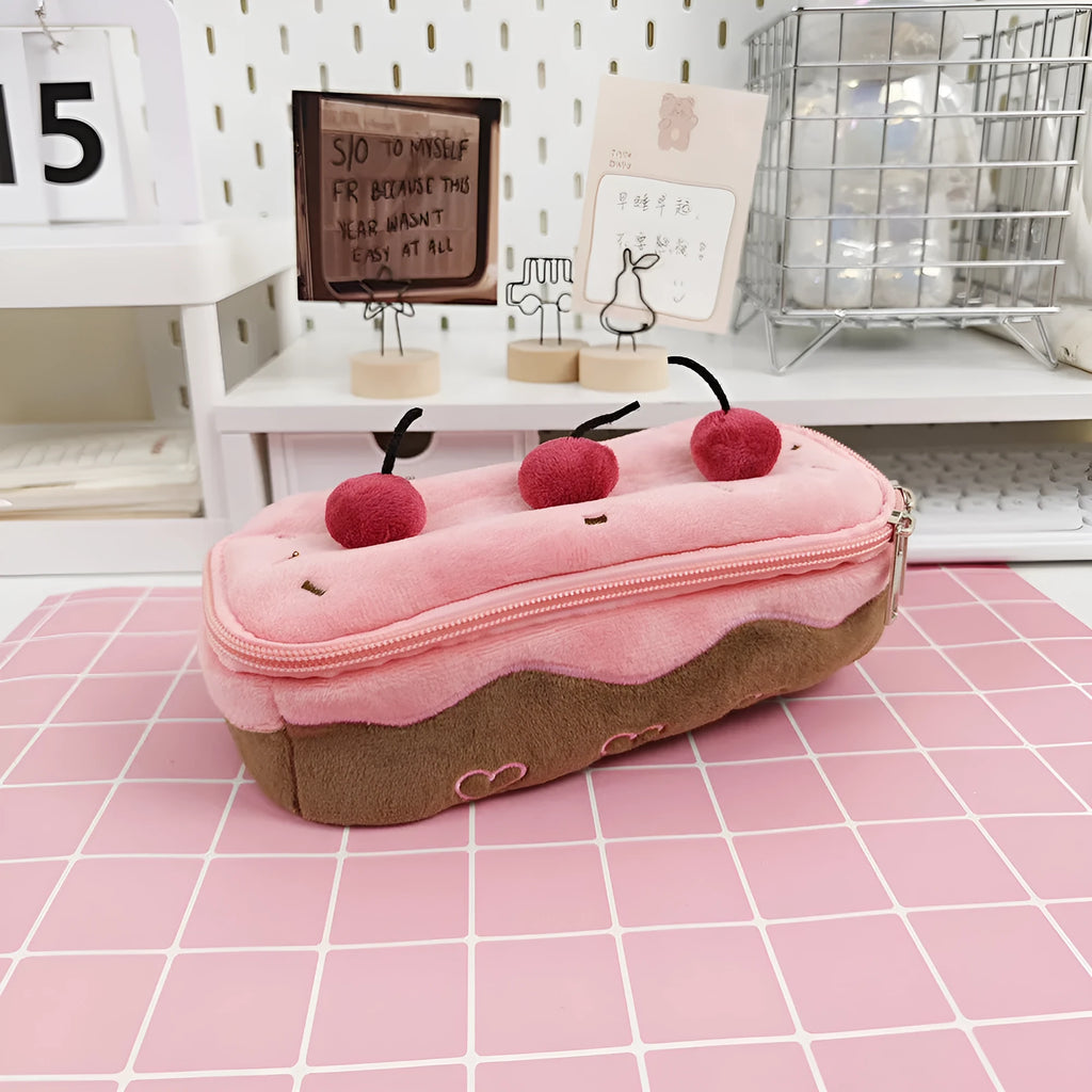 Cherry Cake plush design velvet pencil case with a zip closure.