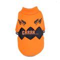 Orange cloth Halloween pumpkin costume for dogs shown on a pet with collar and back measurements from XS to XXL