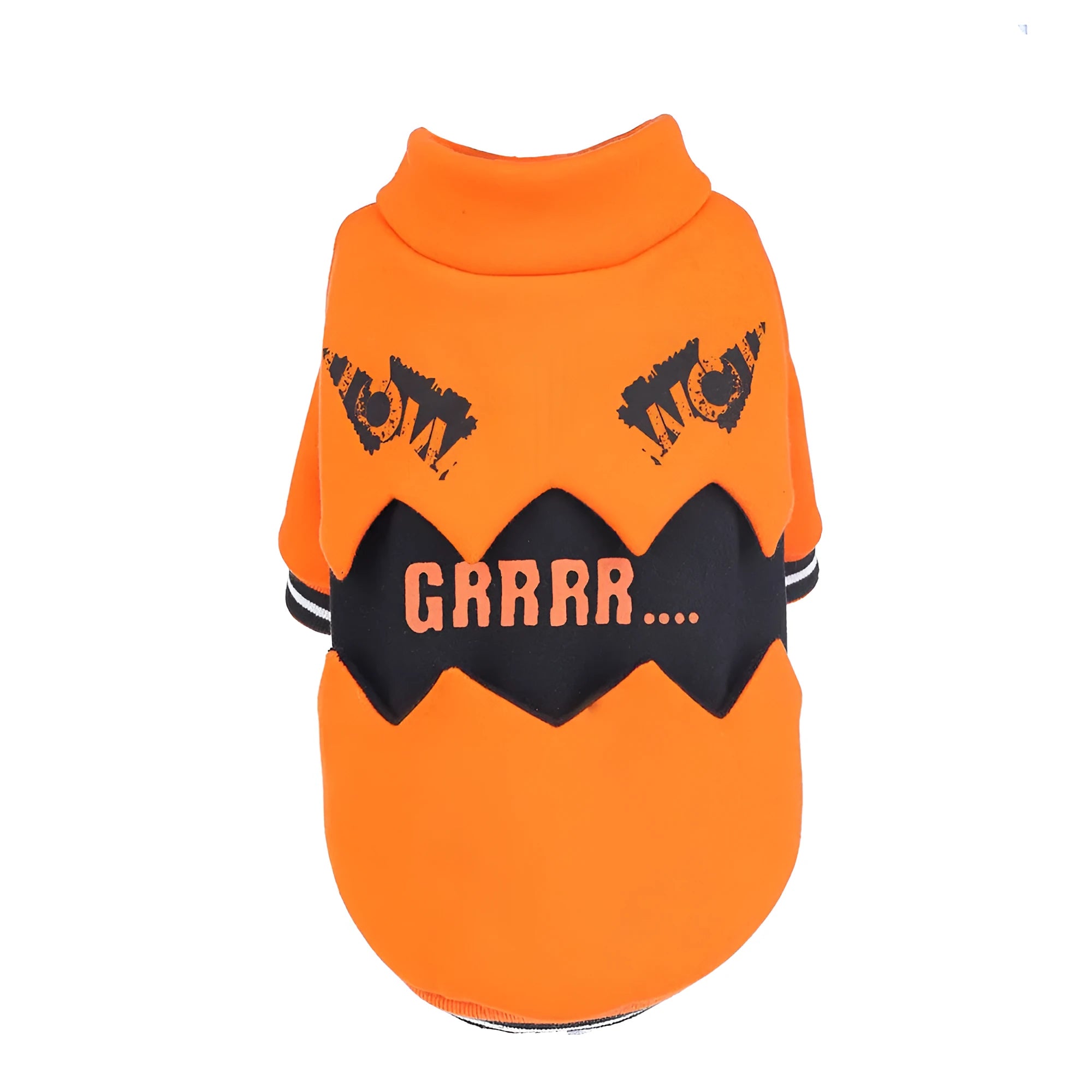Orange cloth Halloween pumpkin costume for dogs shown on a pet with collar and back measurements from XS to XXL