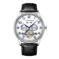 Men's stainless steel business mechanical watch with hollow skeleton dial and leather strap.
