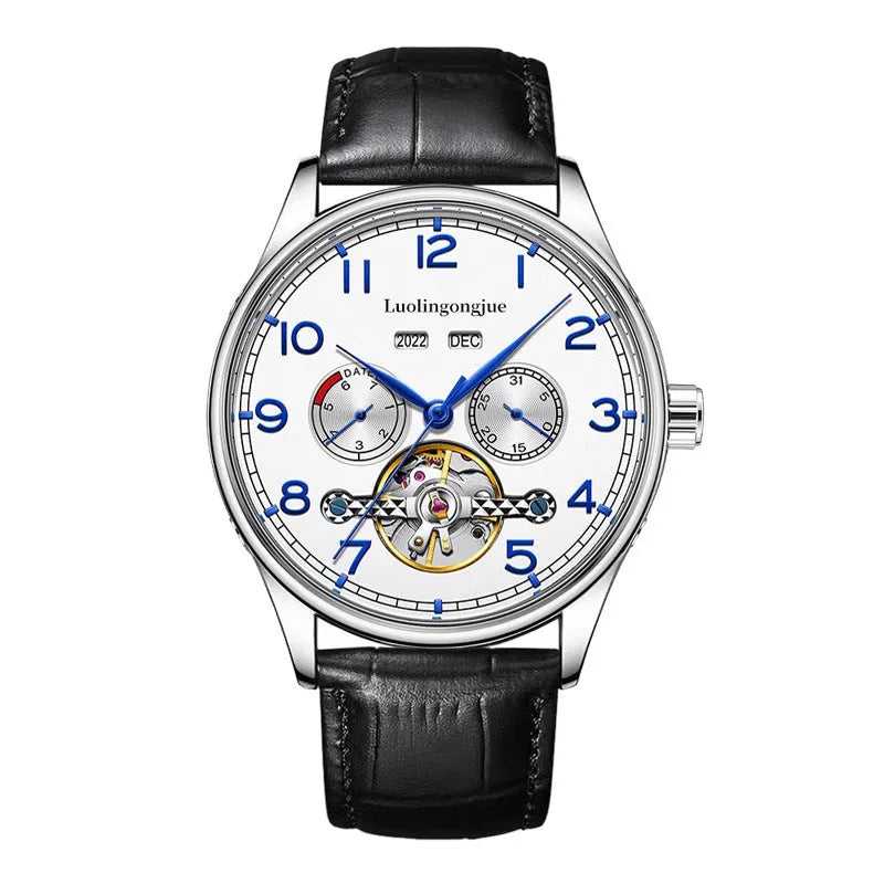 Men's stainless steel business mechanical watch with hollow skeleton dial and leather strap.