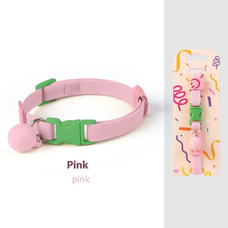Solid colour elastic polyester dog collar for small dogs, shown in seven colour options.