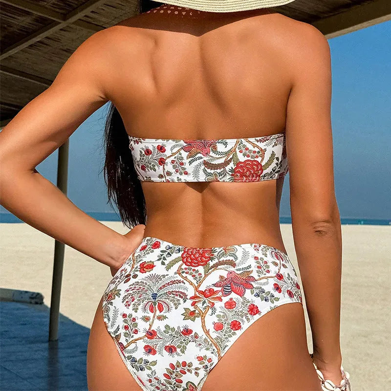Women's printed bandeau triangle top and shorts two-piece swimsuit set