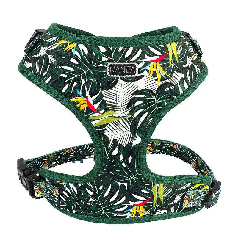 Adjustable cloth dog harness set with six accessories including vest, collar, leash, waste bag holder, bow tie, and scarf