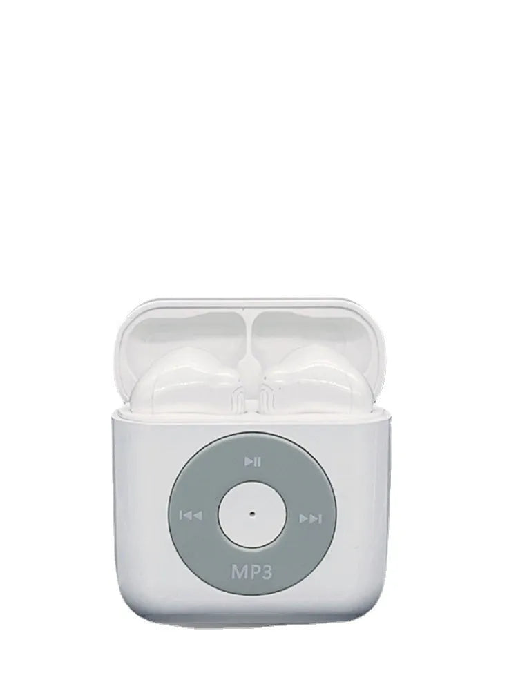 White semi-in-ear wireless Bluetooth earphones with charging case and memory card.