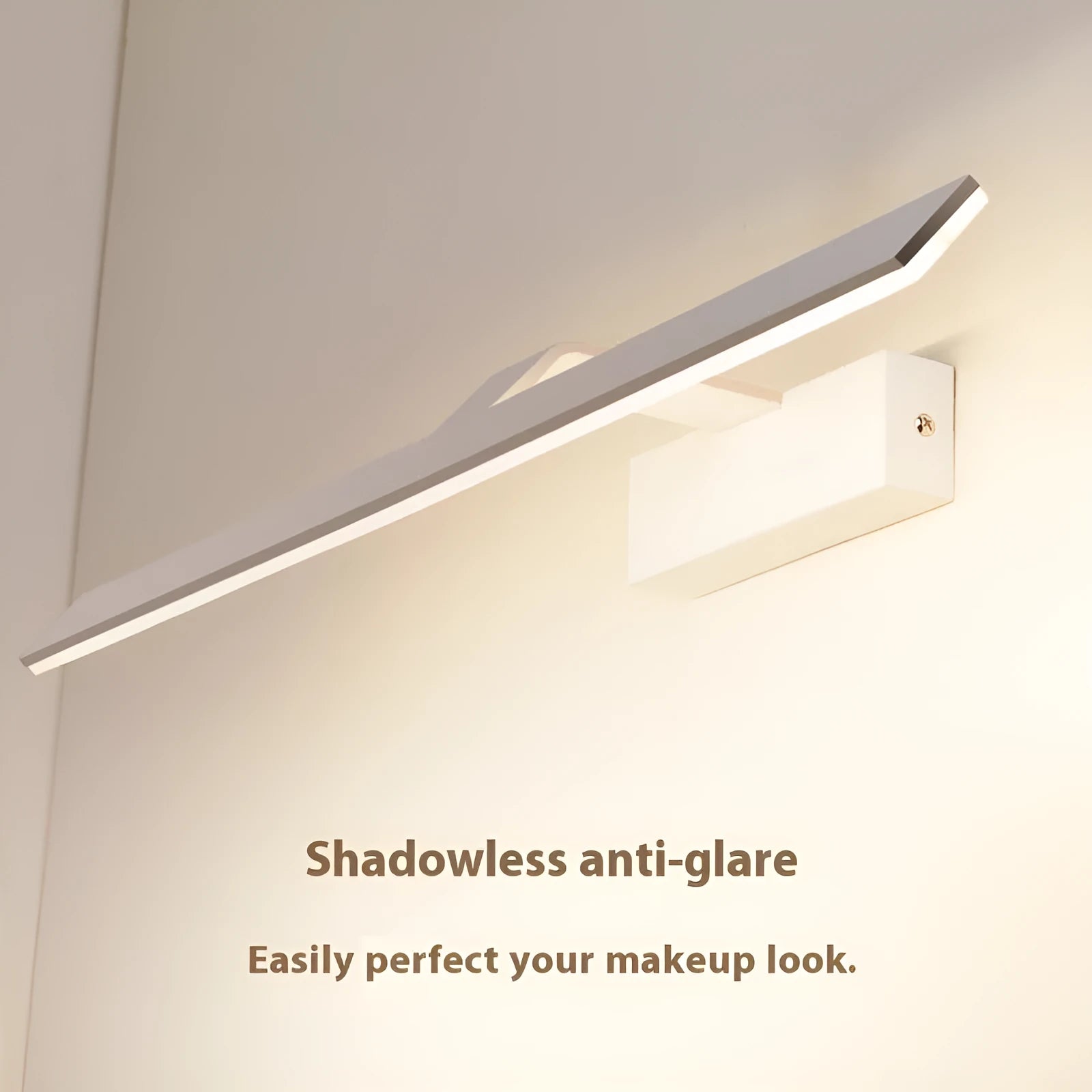 White LED bathroom mirror headlight showing three light colour options and available in multiple sizes.