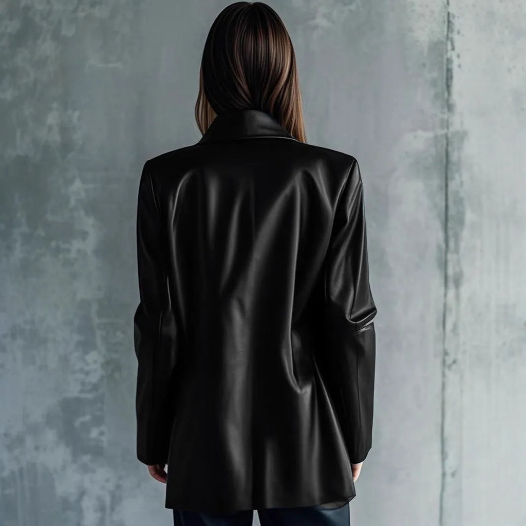 Women's black polyester jacket with long sleeves, medium 65cm length, casual commute style, front view