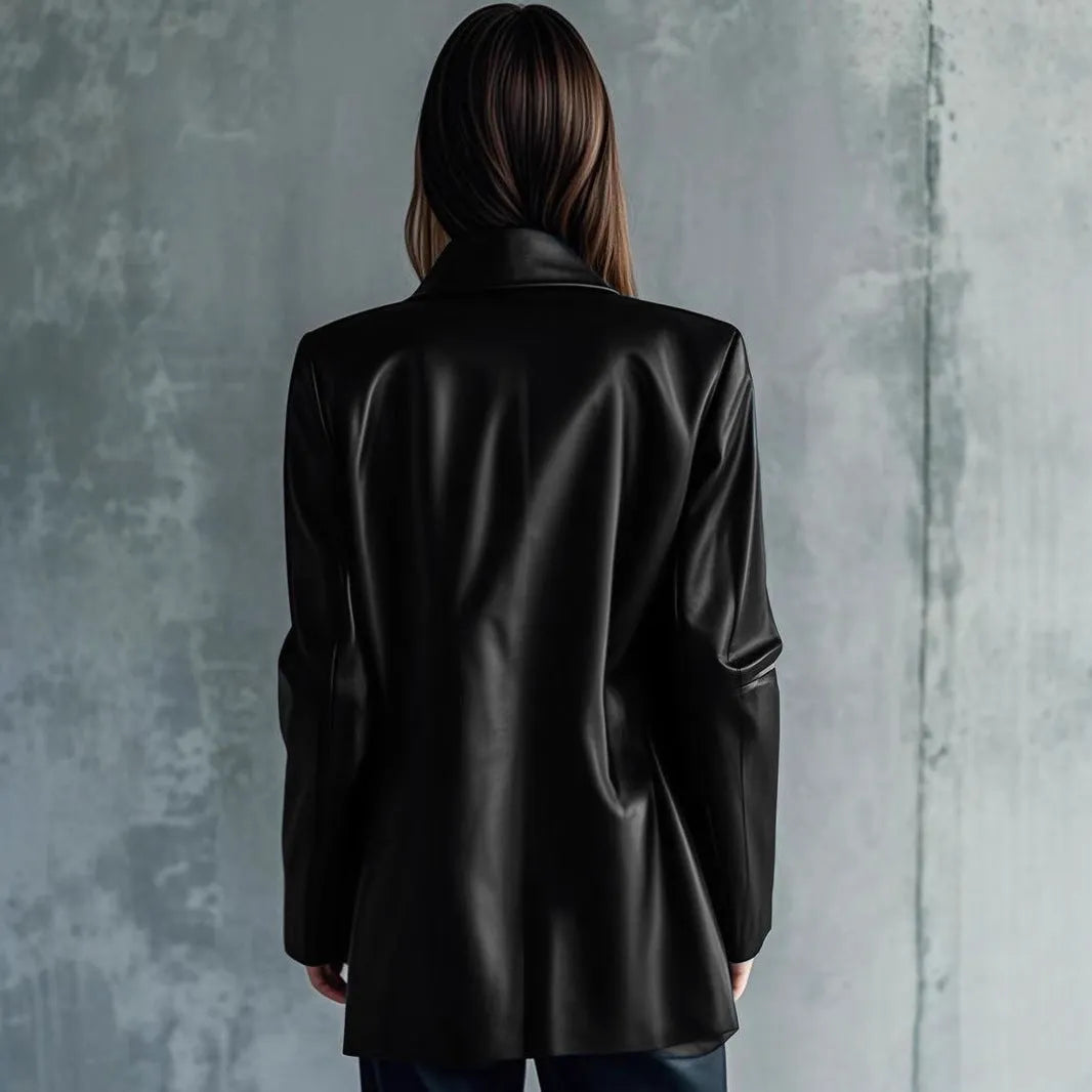Women's black polyester jacket with long sleeves, medium 65cm length, casual commute style, front view