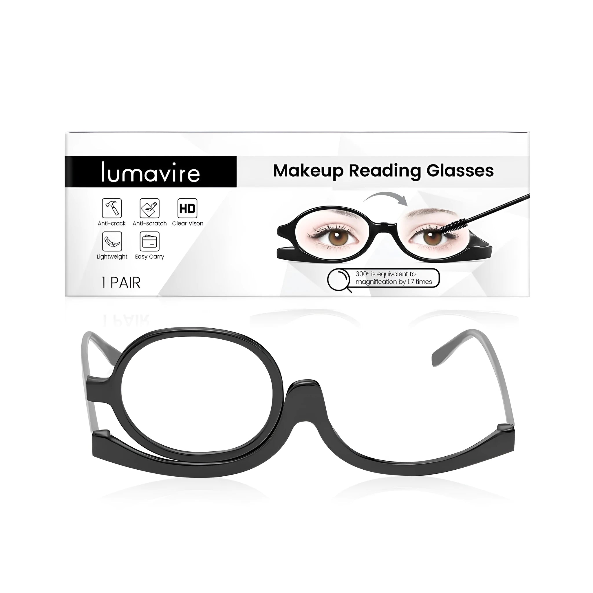 Magnifying makeup glasses for presbyopia with a PC frame and clear lenses.