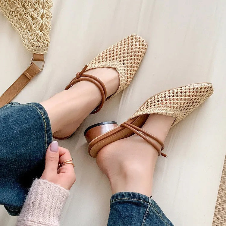 Women's square toe hollow breathable chunky heel slippers in beige artificial PU with rubber sole
