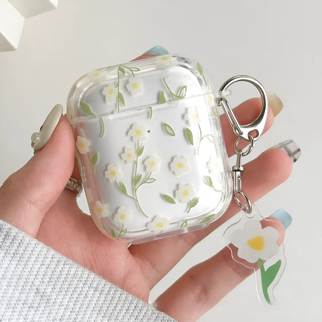 White floral pattern on clear TPU protective case for Apple AirPods