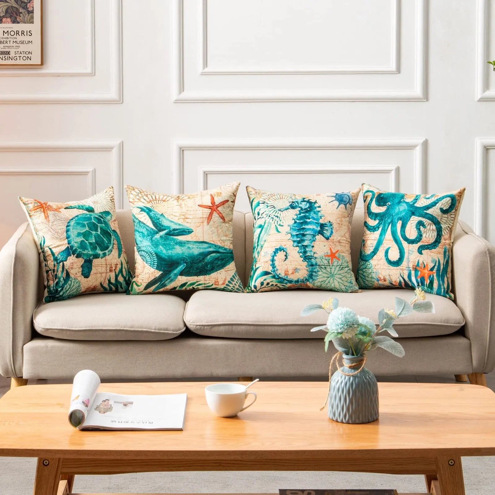 Sea turtle printed linen cushion cover 45x45cm with invisible zipper on sofa