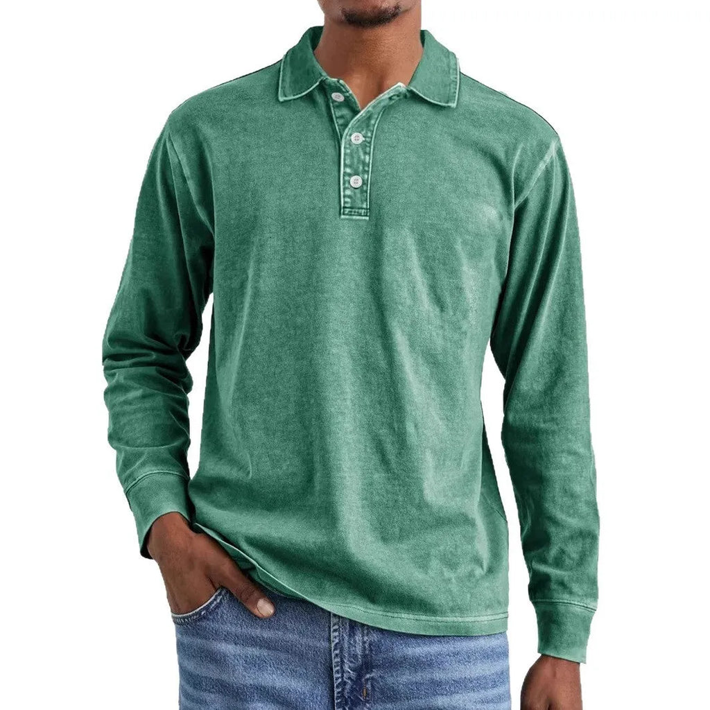 Men's retro washed black cotton long sleeve polo shirt with lapel collar laid flat