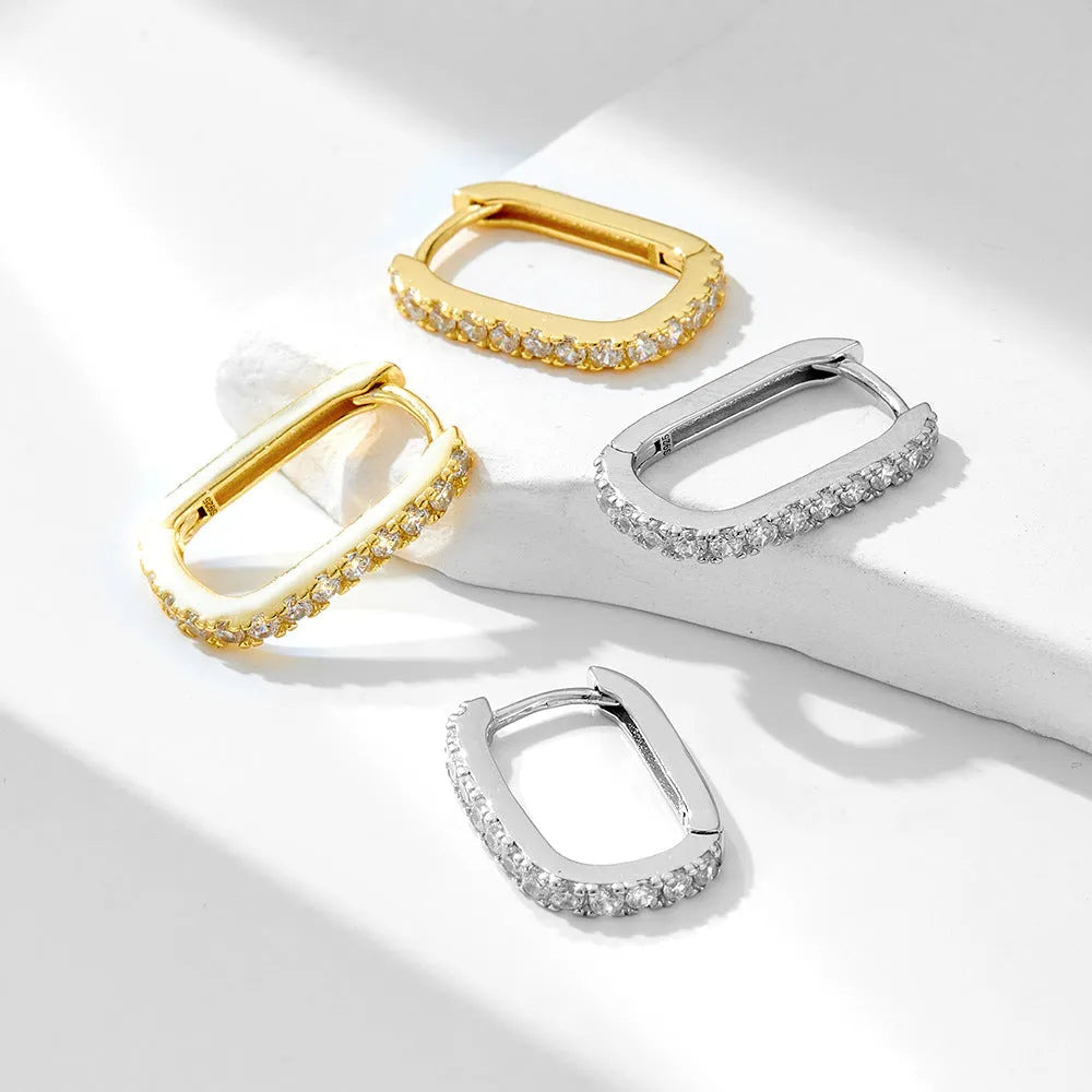 S925 sterling silver oval zircon earrings with geometric quadrilateral design