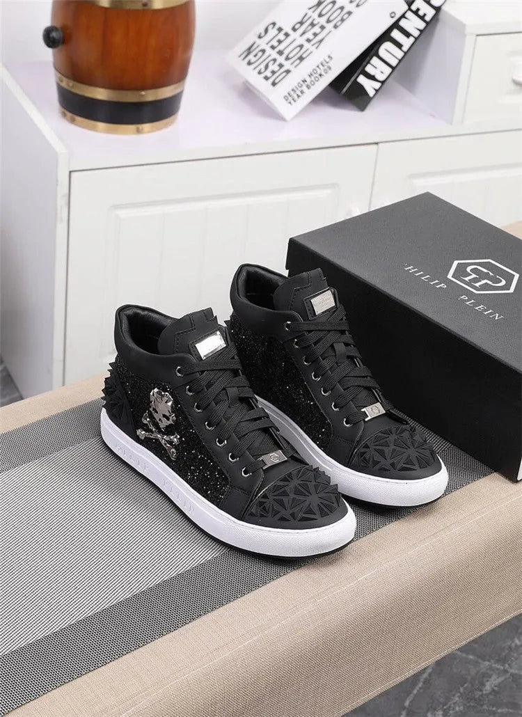 Men's black genuine leather high top skeleton shoes with lace-up front and round toe.