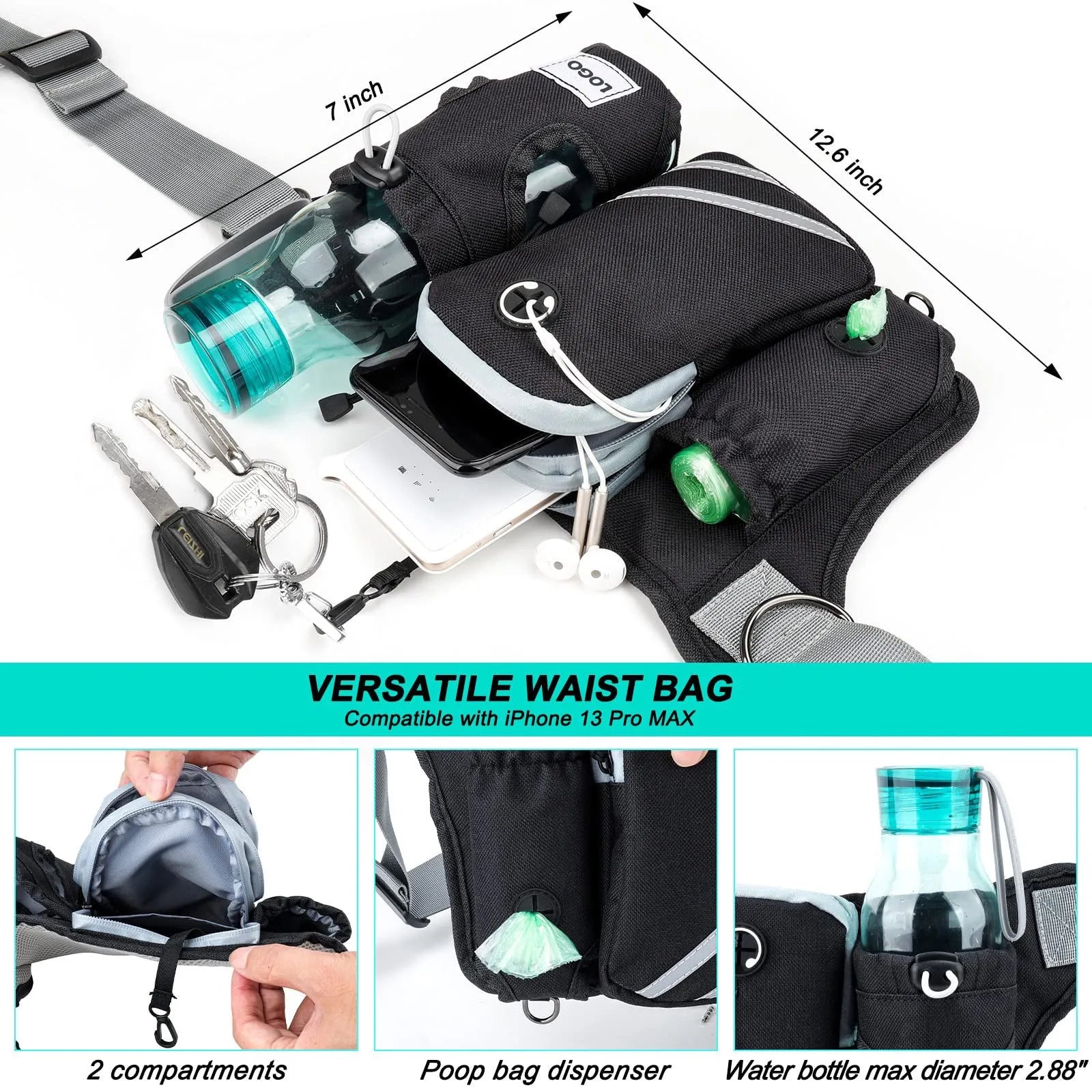 Black nylon outdoor pet training bag set with waist bag and dog walking leash