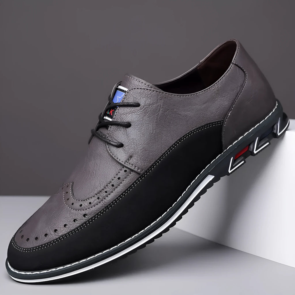 Men's low-top leather casual shoes in various colours with rubber sole and leather toe cap detail.