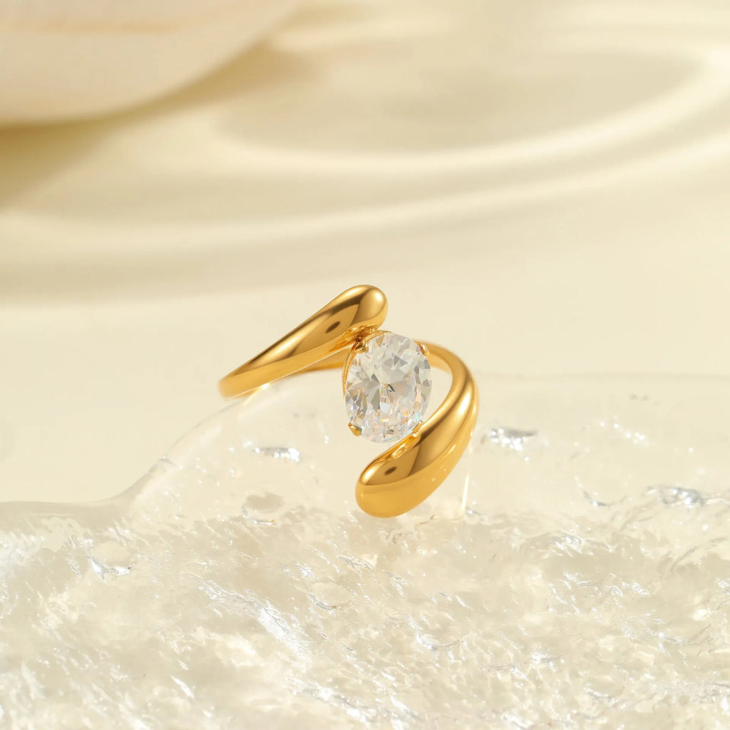 Geometric open mouth zircon fashion ring in stainless steel, showing adjustable design.