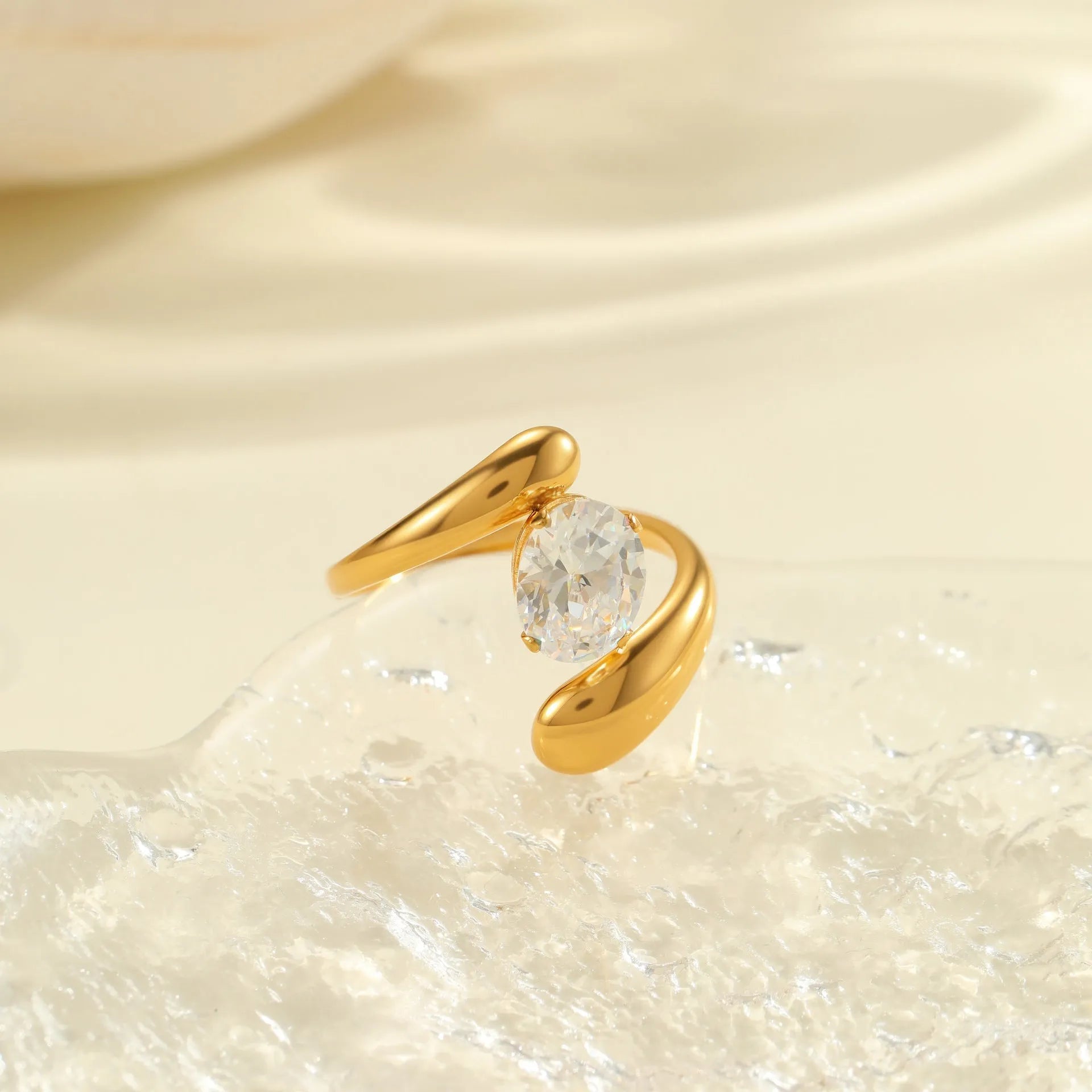 Geometric open mouth zircon fashion ring in stainless steel, showing adjustable design.