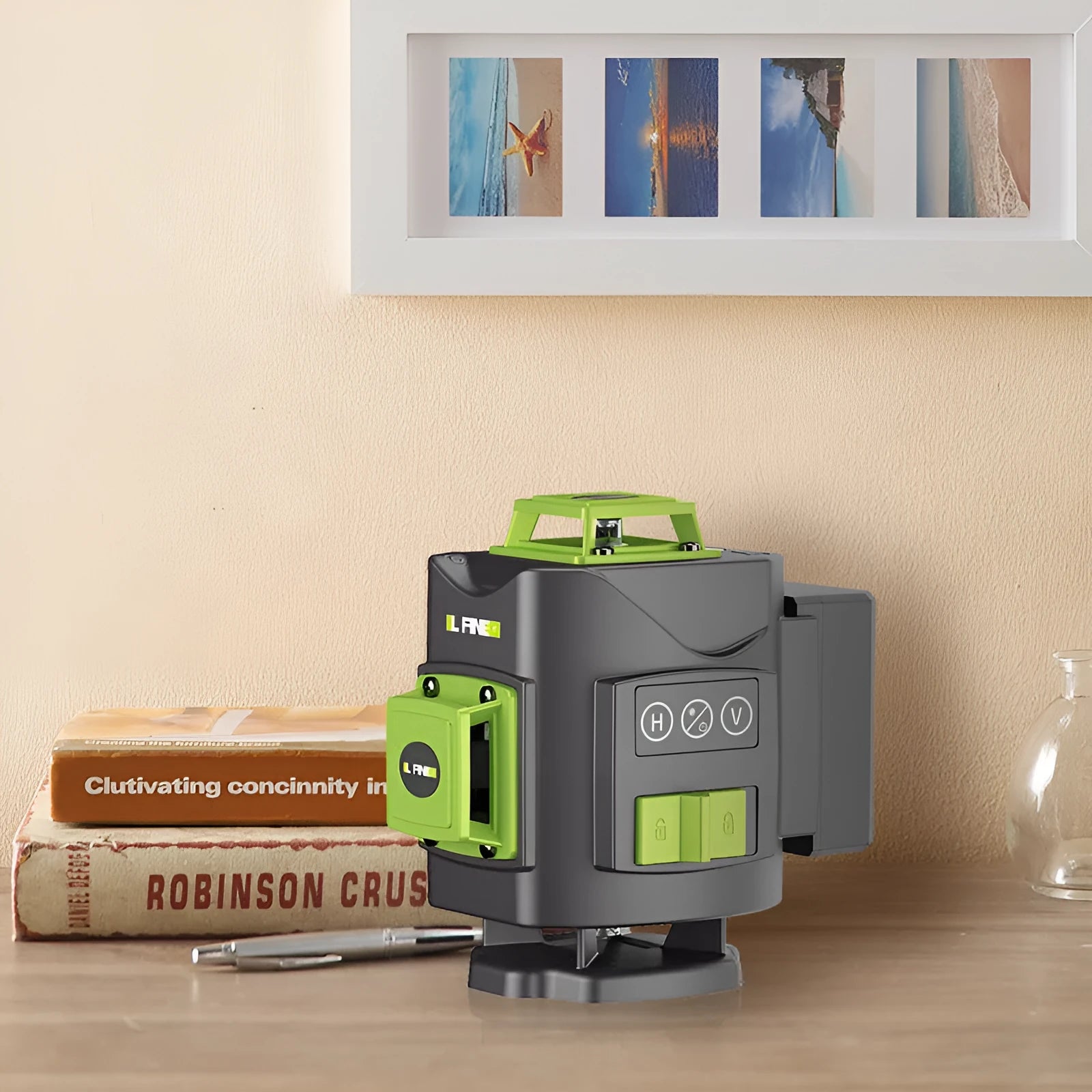 Green laser level projecting multiple lines with nylon and aluminium housing measuring 11x13.5x13.5cm