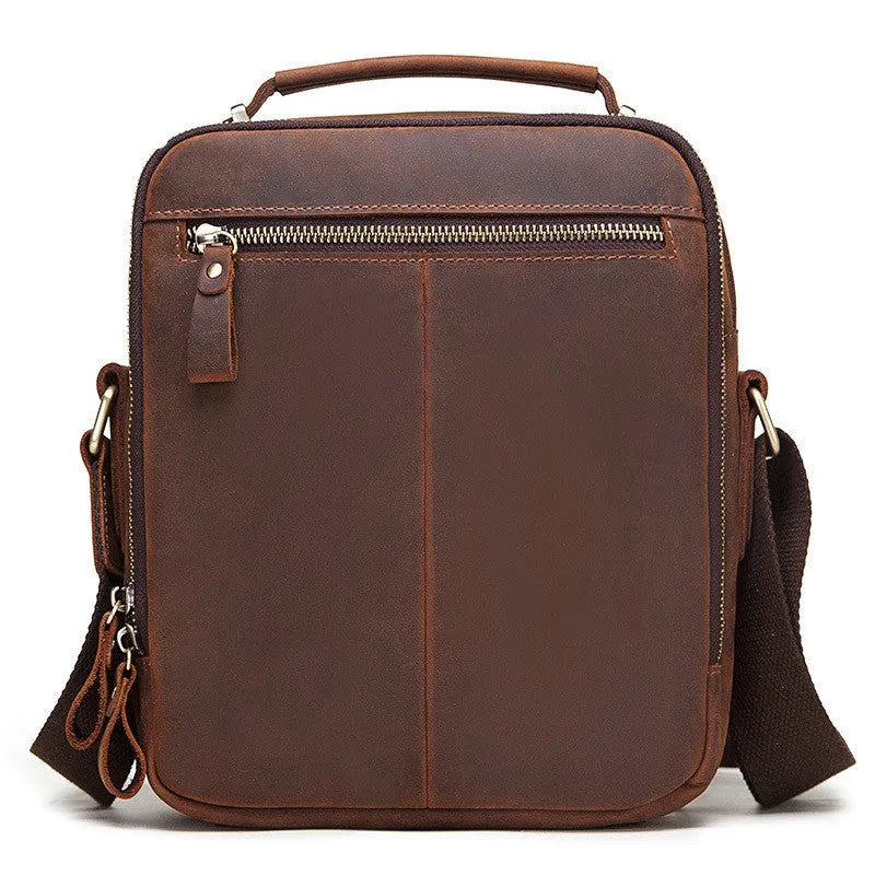 Men's brown Crazy Horse leather crossbody bag with sewing line detailing