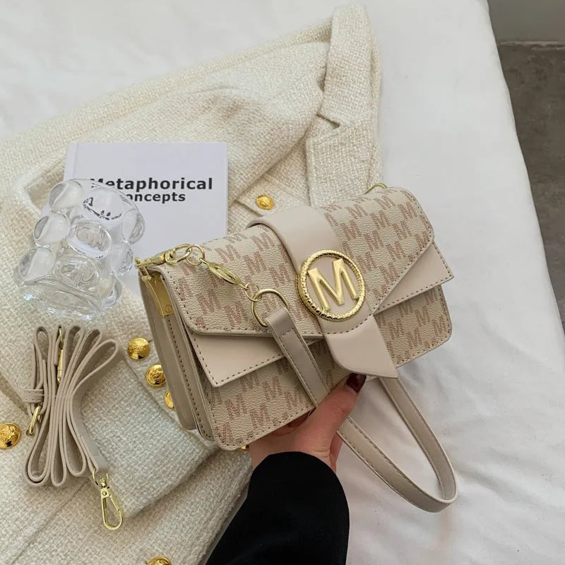 Niche personality printed letter shoulder messenger bag in beige with flap closure and single shoulder strap