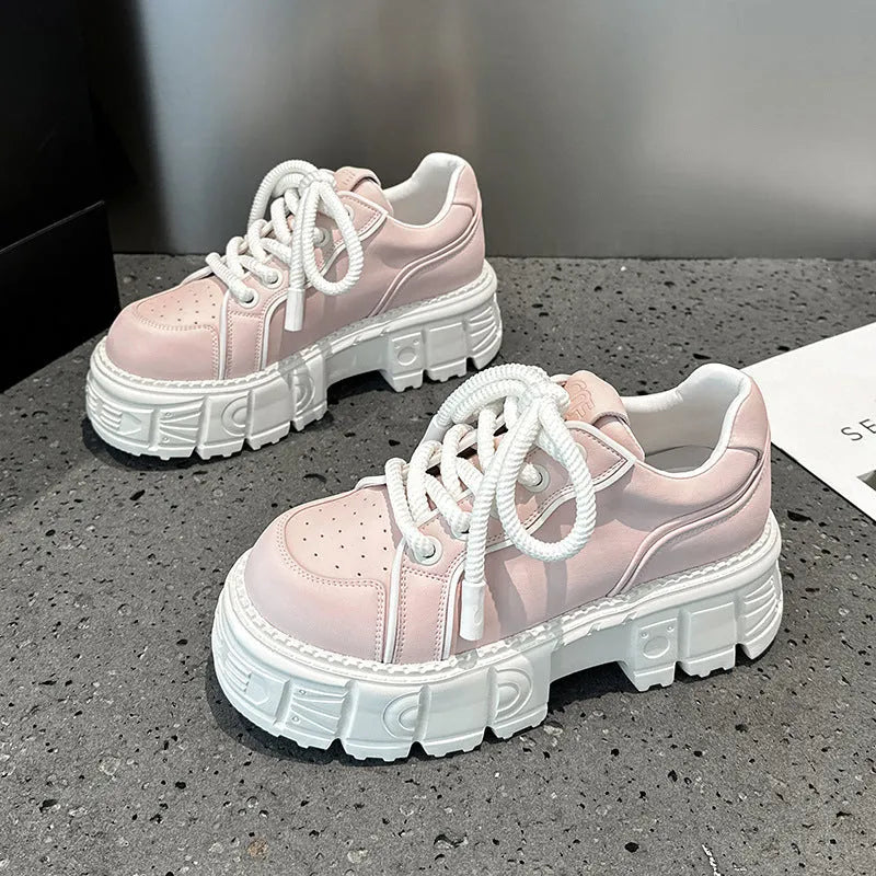 Women's beige platform leather shoes with muffin bottom design and rubber foam sole