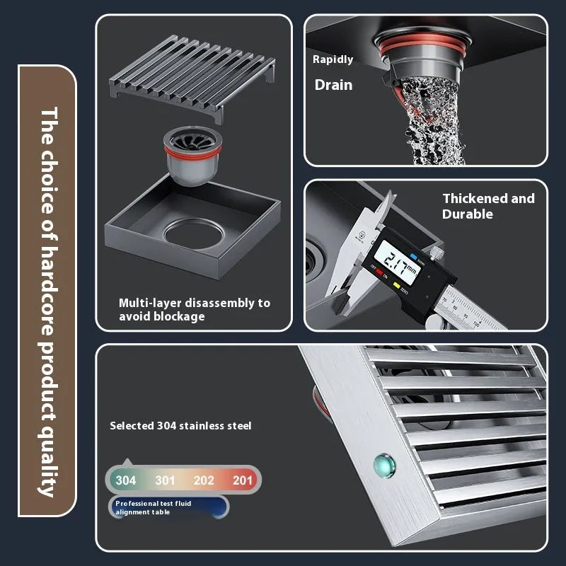 Gun grey 304 stainless steel courtyard deodorant floor drain with 15x15cm dimensions.