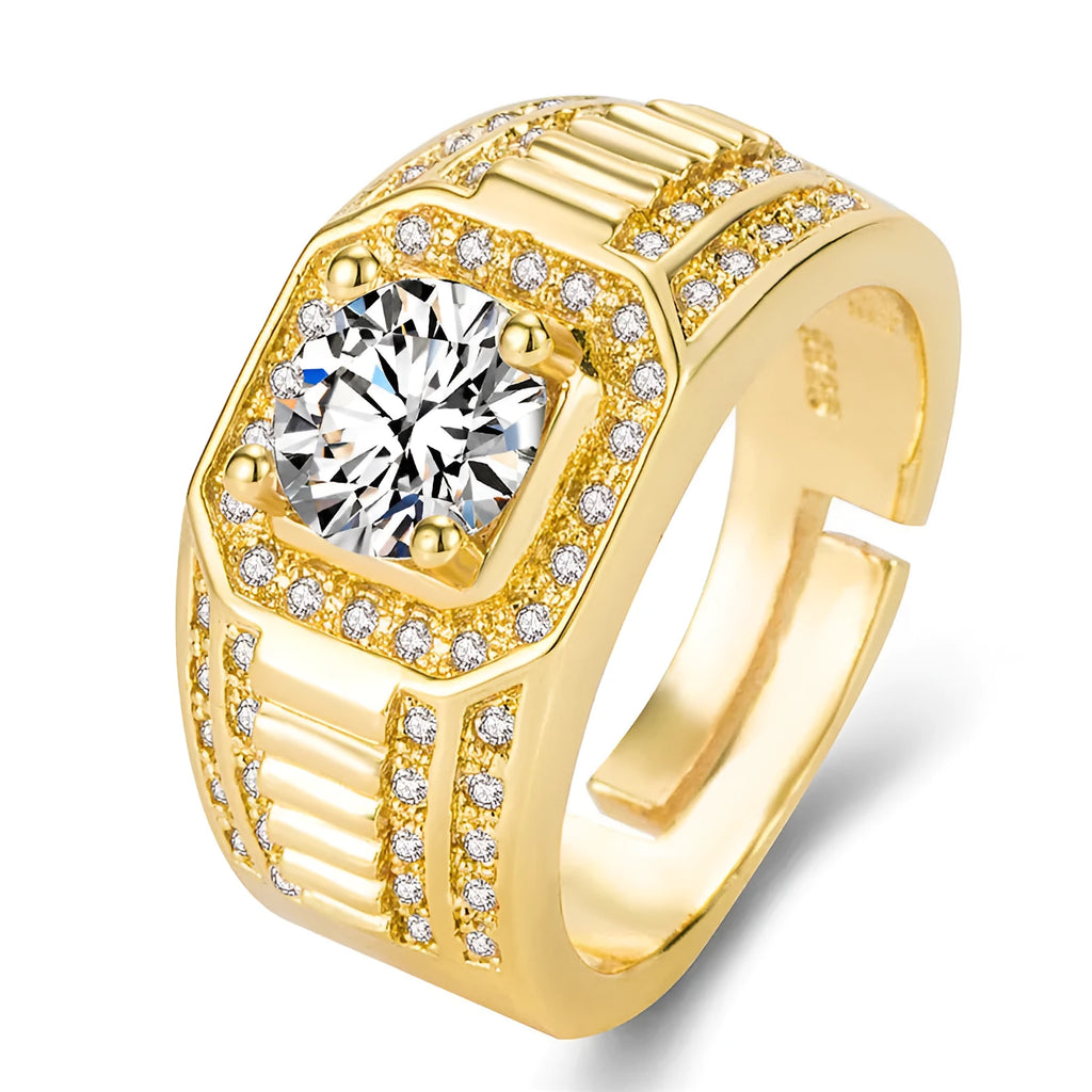 Men's large square diamond ring in copper with adjustable opening, shown in gold and platinum colours.
