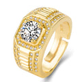 Men's large square diamond ring in copper with adjustable opening, shown in gold and platinum colours.