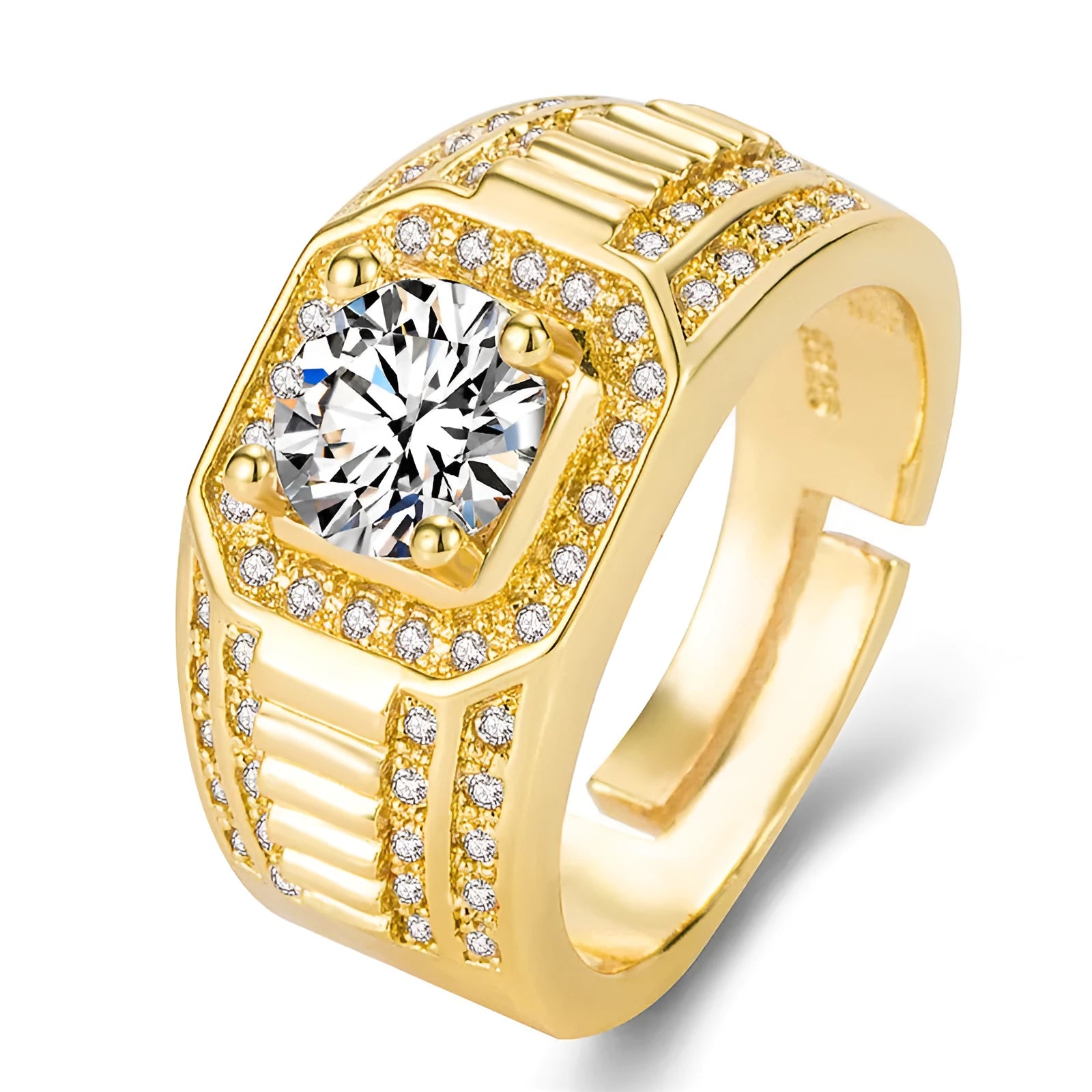 Men's large square diamond ring in copper with adjustable opening, shown in gold and platinum colours.