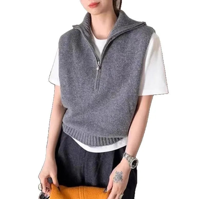Retro half zip sleeveless knit vest with 3D mesh fabric texture in solid colour