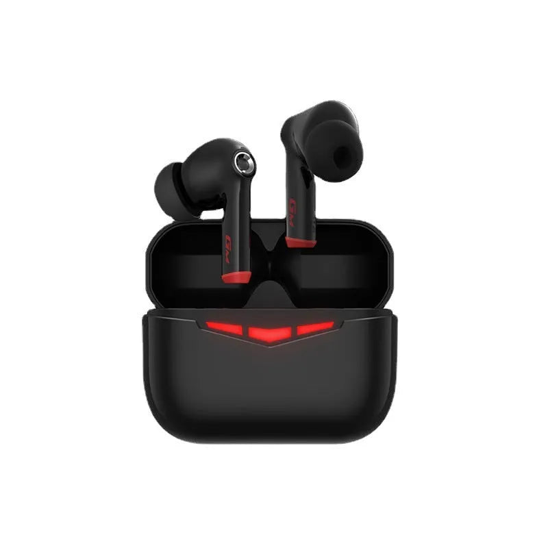 True wireless gaming Bluetooth in-ear headphones with charging case and spare earmuffs.