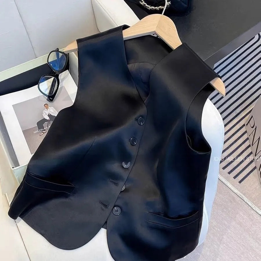 Black sleeveless satin vest for women on a hanger, showing loose fit and splicing detail.