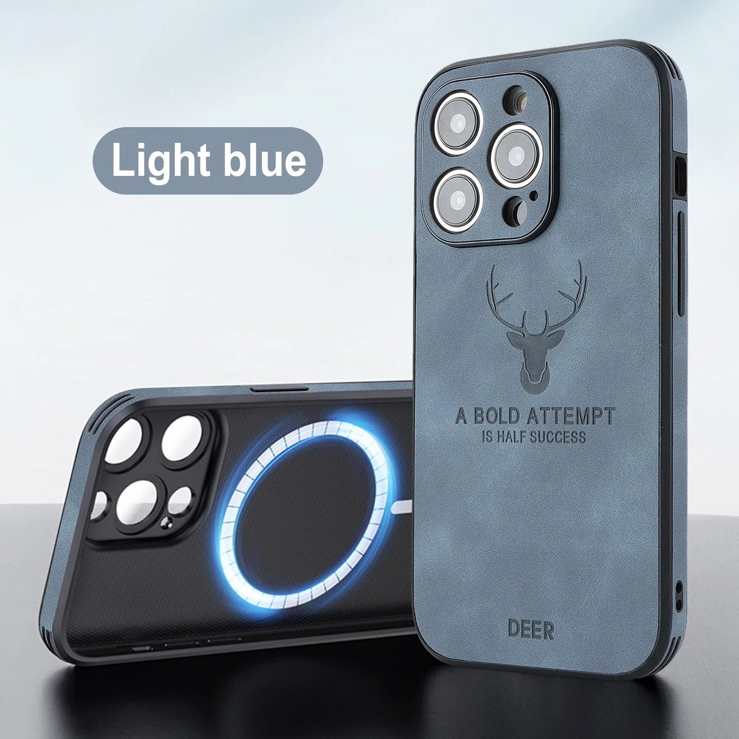 Magnetic charging moose head imitatin leather phone case for iPhone 16, black colour, embossed design