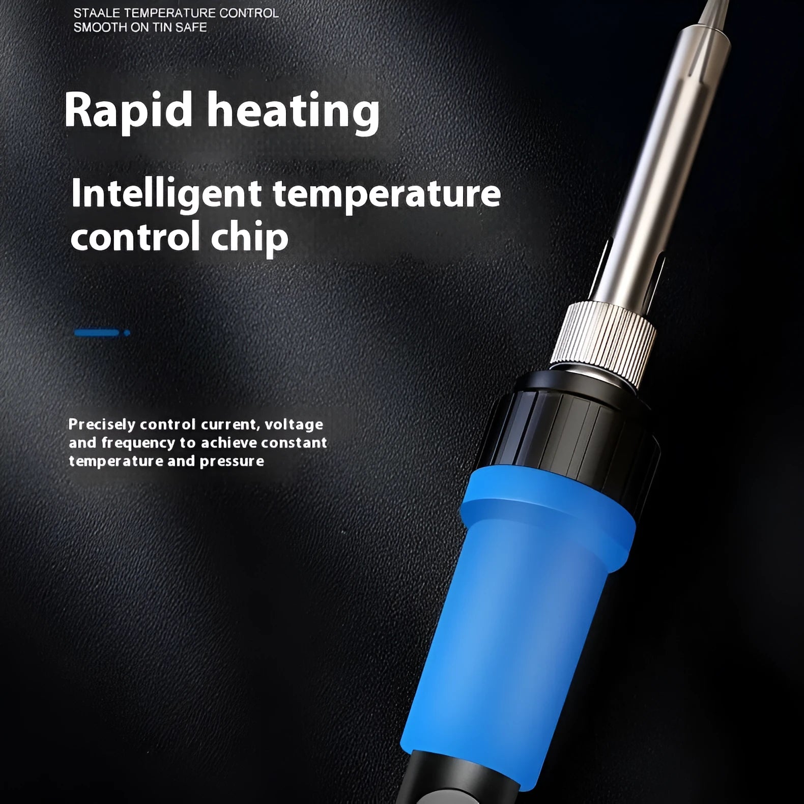 Grey 90W electric soldering iron with adjustable temperature control, ceramic heating core, and UK/US plug